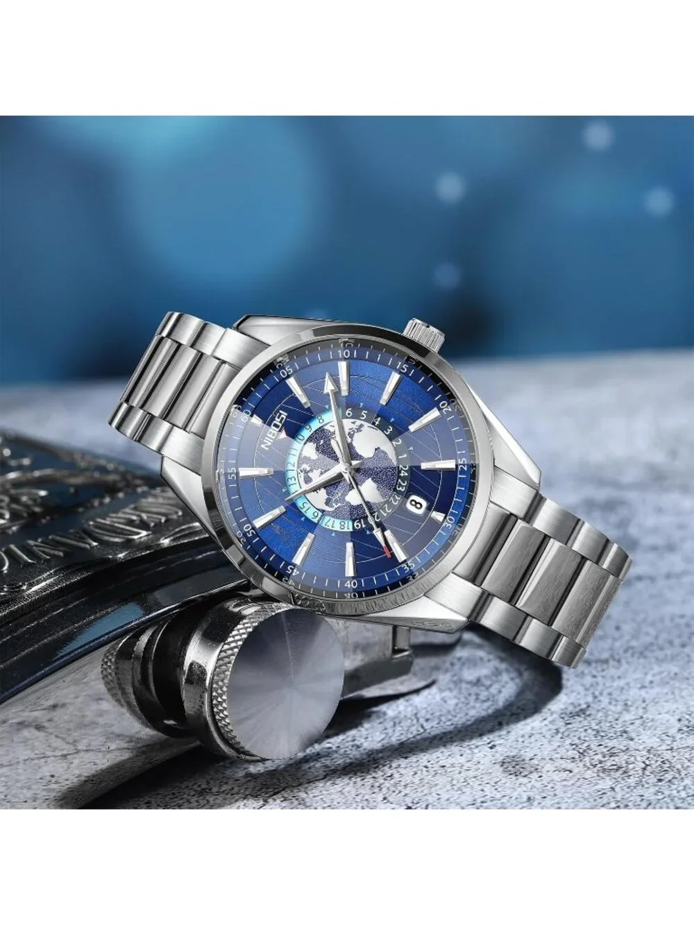 Men's Blue Silver Analog Quartz Stainless Steel Waterproof Casual Wrist Watch